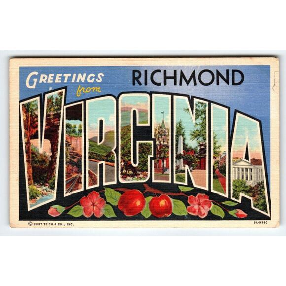 Greetings From Richmond Virginia Large Big Letter Linen City Postcard Curt Teich - Picture 1 of 2